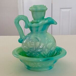 Vintage Avon Pitcher Lid Bowl Decanter Set Green Marble Milk Glass Rose Pattern